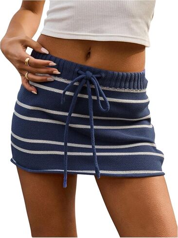 OYOANGLE Women's Striped Knit Skirt Drawstring Low Waisted Beach Vacation Mini Skirts in Saudi Arabia
