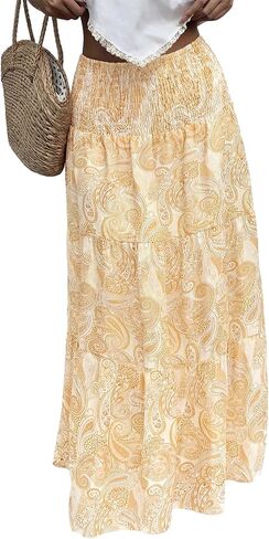 PRETTYGARDEN Floral Summer Boho Maxi Skirts for Women 2026 Smocked Elastic Waist Pleated Tiered Vacation Flowy Long Skirt in Saudi Arabia