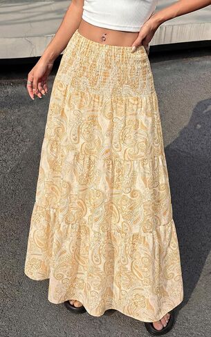 PRETTYGARDEN Floral Summer Boho Maxi Skirts for Women 2026 Smocked Elastic Waist Pleated Tiered Vacation Flowy Long Skirt in Saudi Arabia