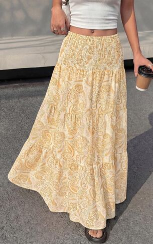 PRETTYGARDEN Floral Summer Boho Maxi Skirts for Women 2026 Smocked Elastic Waist Pleated Tiered Vacation Flowy Long Skirt in Saudi Arabia
