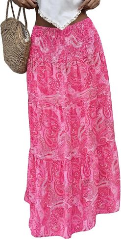 PRETTYGARDEN Floral Summer Boho Maxi Skirts for Women 2026 Smocked Elastic Waist Pleated Tiered Vacation Flowy Long Skirt in Saudi Arabia