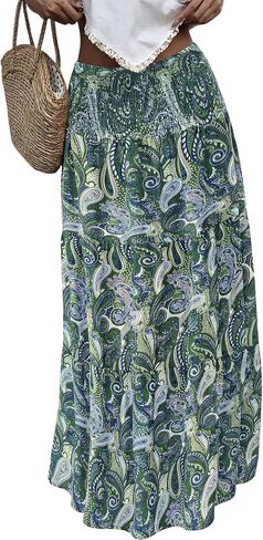 PRETTYGARDEN Floral Summer Boho Maxi Skirts for Women 2026 Smocked Elastic Waist Pleated Tiered Vacation Flowy Long Skirt in Saudi Arabia