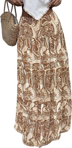 PRETTYGARDEN Floral Summer Boho Maxi Skirts for Women 2026 Smocked Elastic Waist Pleated Tiered Vacation Flowy Long Skirt in Saudi Arabia