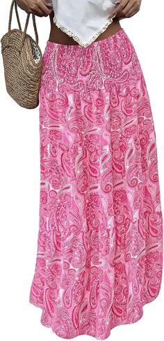 PRETTYGARDEN Floral Summer Boho Maxi Skirts for Women 2026 Smocked Elastic Waist Pleated Tiered Vacation Flowy Long Skirt in Saudi Arabia