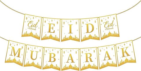 Foil-Gold Eid Mubarak Banner with Moon, Star Lanterns Print - Thick Ramadan Mubarak Banner Decorations for Indoor Home Eid al-Fitr Decor Party Supplies in Saudi Arabia