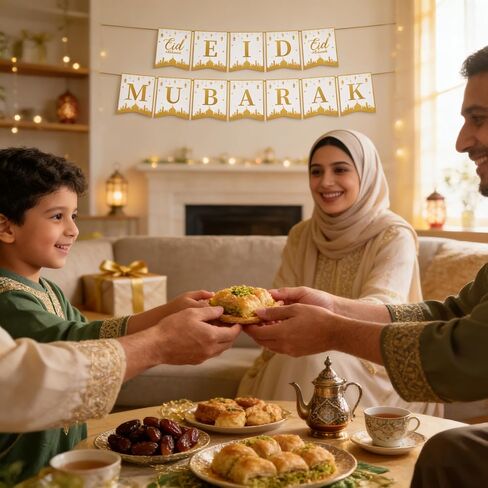 Foil-Gold Eid Mubarak Banner with Moon, Star Lanterns Print - Thick Ramadan Mubarak Banner Decorations for Indoor Home Eid al-Fitr Decor Party Supplies in Saudi Arabia
