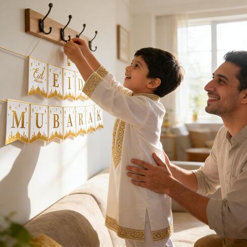 Foil-Gold Eid Mubarak Banner with Moon, Star Lanterns Print - Thick Ramadan Mubarak Banner Decorations for Indoor Home Eid al-Fitr Decor Party Supplies in Saudi Arabia
