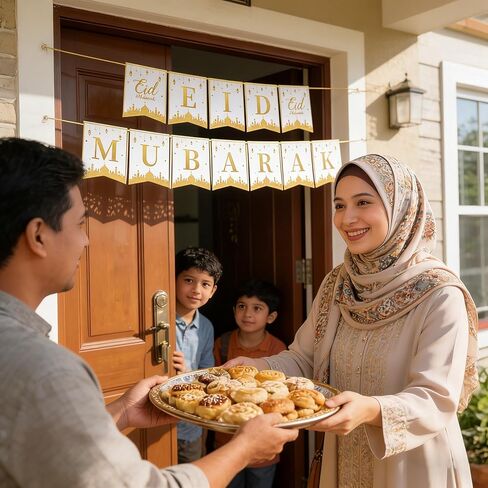 Foil-Gold Eid Mubarak Banner with Moon, Star Lanterns Print - Thick Ramadan Mubarak Banner Decorations for Indoor Home Eid al-Fitr Decor Party Supplies in Saudi Arabia
