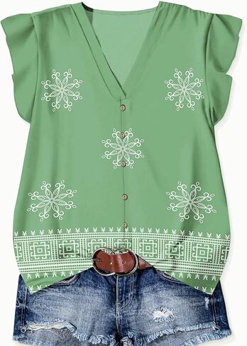 قمصان نسائية صيفية كاجوال أنيقة ومزينة بالزهور ورقبة على شكل حرف V وبلوزات تونيك بأكمام قصيرة وكشكشة in Kuwait