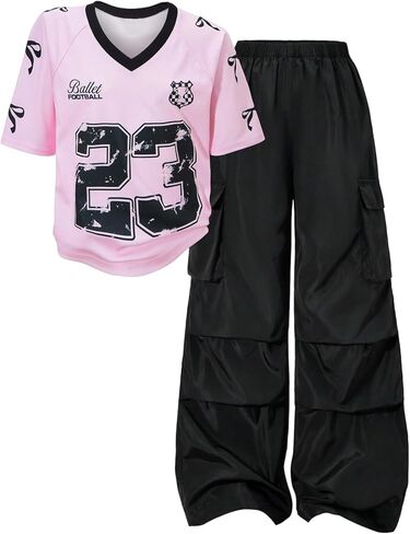 GORGLITTER Girl's 2 Piece Y2K Outfits Short Sleeve V Neck Graphic Jersey Shirt Wide Leg Cargo Pants Streetwear in Saudi Arabia