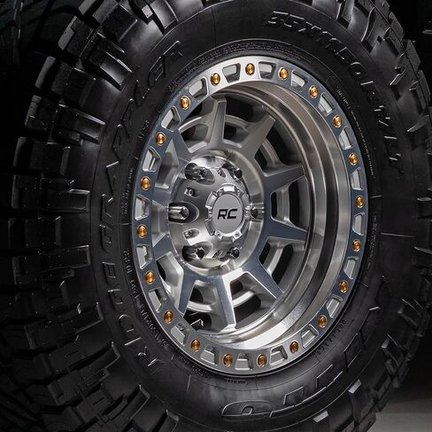 Rough Country 85 Series 17x9 Off-Road Wheel - 5x4.5" Bolt Pattern, 12mm Offset, Full Machined Aluminum with Simulated Beadlock & Gold Accent Hardware in Saudi Arabia