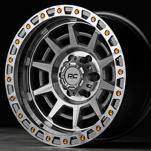 Rough Country 85 Series 17x9 Off-Road Wheel - 5x4.5" Bolt Pattern, 12mm Offset, Full Machined Aluminum with Simulated Beadlock & Gold Accent Hardware in Saudi Arabia