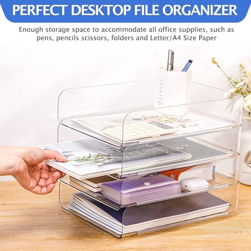 منظم مكتب لدرج الرسائل قابل للتكديس، مجموعة من 4 منظمات لأوراق وملفات PET الشفافة، لتخزين المستندات للوازم المكتبية in Kuwait