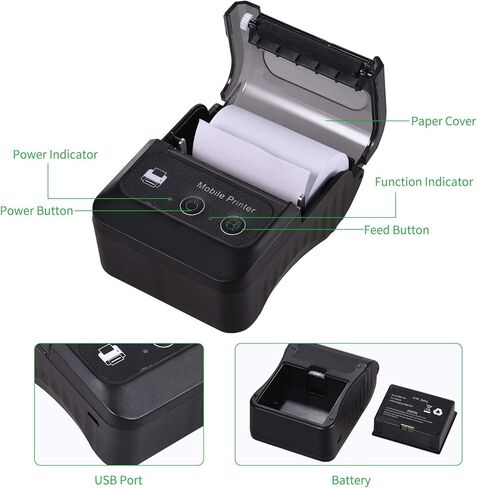 طابعة إيصالات حرارية محمولة BT 58 مم 2 بوصة، طابعة محمولة صغيرة USB بيل POS تدعم أمر الطباعة ESC/POS متوافق مع Android/iOS/Windows للشركات الصغيرة ومتجر بيع بالتجزئة in Saudi Arabia