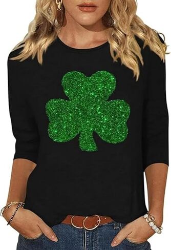 قميص TIXOM Saint Patricks Day للنساء Lucky Shamrock 3/4 كم تي شيرت مضحك برسومات أيرلندية تي شيرت لحفلات الربيع in Kuwait
