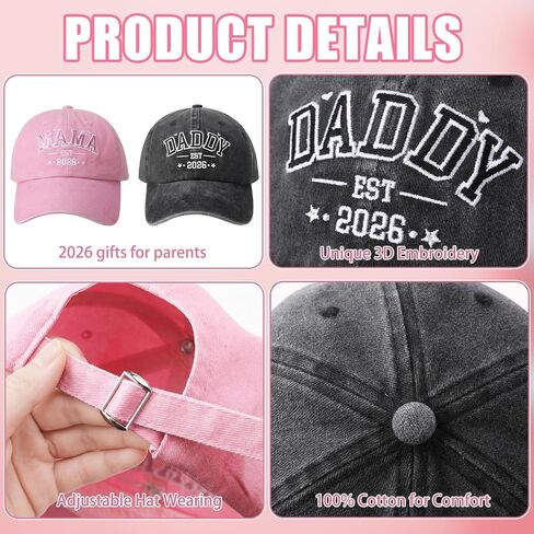 2PCS Dad and Mom EST 2026 Hats Baseball Cap for Dad and Mom, Adjustable Hat Funny Gifts for Baby Shower New Parents in Kuwait