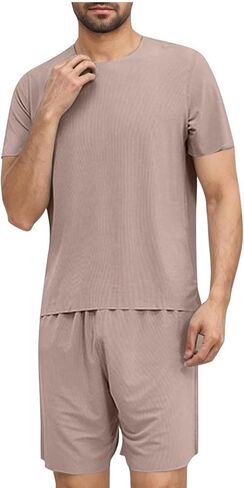 Men Summer Pajamas Set Soft Silk Sleepwear Crewneck Short Sleeve Tshirts Loose Shorts Loungewear Pjs Comfy Nightwear in Saudi Arabia
