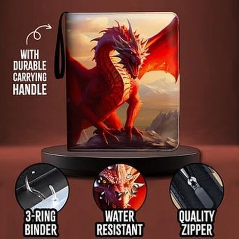 Dragon Themed Trading Card Binder - 13'' X 10.5" PU Leather Zippered Binder with Handle, 50 Sheets (9-Pocket Double Size), Holds 900 Cards, Velvet Liner, Includes Clear Card Holder in Saudi Arabia