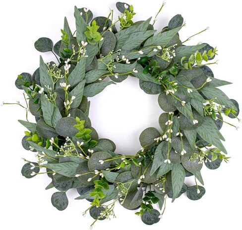 violetevergarden 20 بوصة اكاليل خضراء للباب الأمامي الاصطناعي اكليلا من الأوكالبتوس اكليلا من الزهور الخضراء مع التوت لجميع المواسم ديكورات نافذة الجدار المنزل in Kuwait