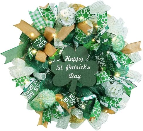 25 Inch Large St Patricks Day Decorations Wreath, Handmade Artificial Shamrock Wreath for Front Door with LED Lights, Kiss Me Im Irish for Wall Decor Window, Saint Paddys Day Decorations in Kuwait