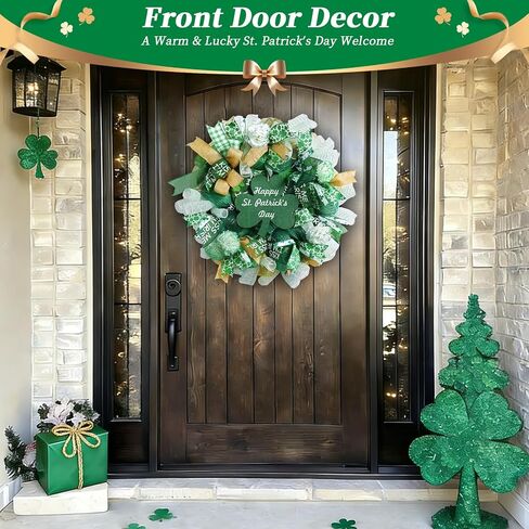 25 Inch Large St Patricks Day Decorations Wreath, Handmade Artificial Shamrock Wreath for Front Door with LED Lights, Kiss Me Im Irish for Wall Decor Window, Saint Paddys Day Decorations in Kuwait