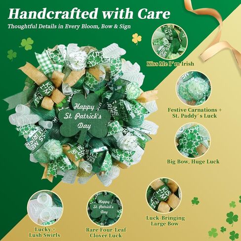 25 Inch Large St Patricks Day Decorations Wreath, Handmade Artificial Shamrock Wreath for Front Door with LED Lights, Kiss Me Im Irish for Wall Decor Window, Saint Paddys Day Decorations in Kuwait