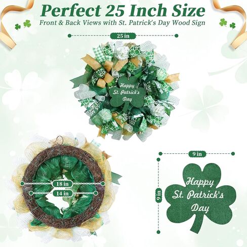 25 Inch Large St Patricks Day Decorations Wreath, Handmade Artificial Shamrock Wreath for Front Door with LED Lights, Kiss Me Im Irish for Wall Decor Window, Saint Paddys Day Decorations in Kuwait