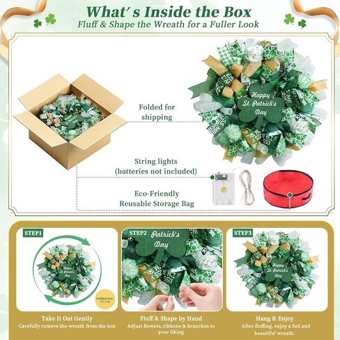 25 Inch Large St Patricks Day Decorations Wreath, Handmade Artificial Shamrock Wreath for Front Door with LED Lights, Kiss Me Im Irish for Wall Decor Window, Saint Paddys Day Decorations in Kuwait