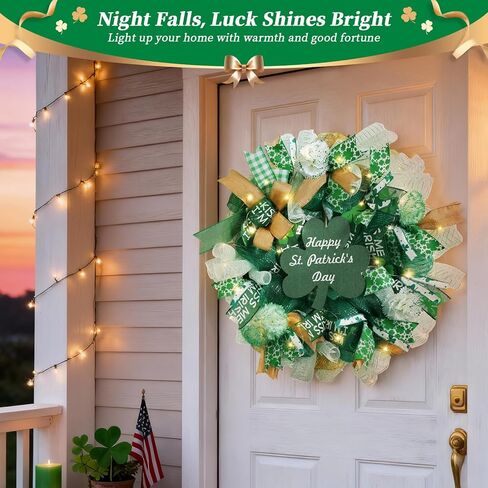 25 Inch Large St Patricks Day Decorations Wreath, Handmade Artificial Shamrock Wreath for Front Door with LED Lights, Kiss Me Im Irish for Wall Decor Window, Saint Paddys Day Decorations in Kuwait