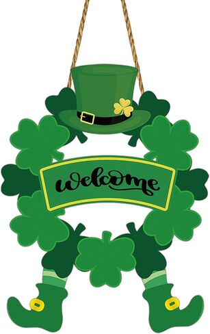 St Patricks Day Wreath St Patricks Day Door Decorations Shamrock Wreath Leprechaun Top Hat Feet Hanging Decor Wooden Front Door Hanger Welcome Sign for Porch Wall Indoor Home Decor in Saudi Arabia