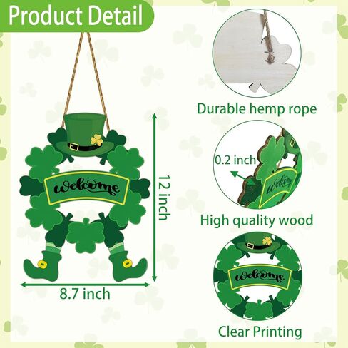 St Patricks Day Wreath St Patricks Day Door Decorations Shamrock Wreath Leprechaun Top Hat Feet Hanging Decor Wooden Front Door Hanger Welcome Sign for Porch Wall Indoor Home Decor in Saudi Arabia