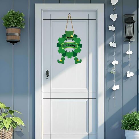St Patricks Day Wreath St Patricks Day Door Decorations Shamrock Wreath Leprechaun Top Hat Feet Hanging Decor Wooden Front Door Hanger Welcome Sign for Porch Wall Indoor Home Decor in Saudi Arabia
