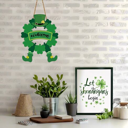 St Patricks Day Wreath St Patricks Day Door Decorations Shamrock Wreath Leprechaun Top Hat Feet Hanging Decor Wooden Front Door Hanger Welcome Sign for Porch Wall Indoor Home Decor in Saudi Arabia