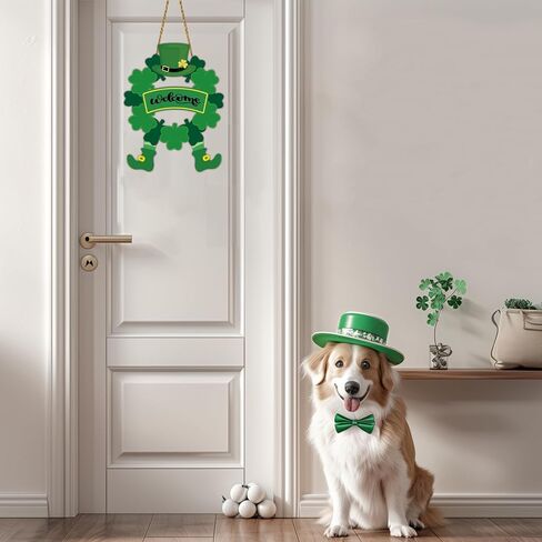 St Patricks Day Wreath St Patricks Day Door Decorations Shamrock Wreath Leprechaun Top Hat Feet Hanging Decor Wooden Front Door Hanger Welcome Sign for Porch Wall Indoor Home Decor in Saudi Arabia