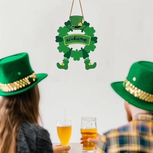 St Patricks Day Wreath St Patricks Day Door Decorations Shamrock Wreath Leprechaun Top Hat Feet Hanging Decor Wooden Front Door Hanger Welcome Sign for Porch Wall Indoor Home Decor in Saudi Arabia