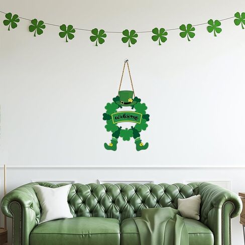 St Patricks Day Wreath St Patricks Day Door Decorations Shamrock Wreath Leprechaun Top Hat Feet Hanging Decor Wooden Front Door Hanger Welcome Sign for Porch Wall Indoor Home Decor in Saudi Arabia