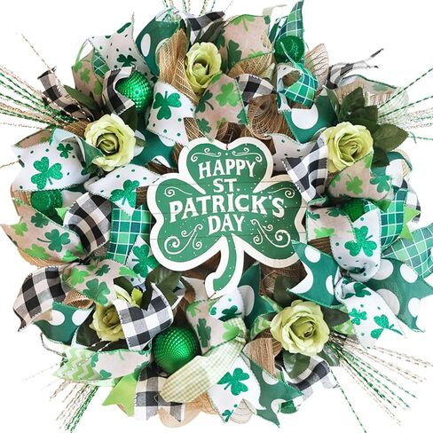 22" St Patrick's Day Wreath for Front Door - Shamrock Mesh Wreath with Green Glitter Hats, Shiny Balls & Roses, Lucky St Patty's Day Door Decoration, Irish Clover Wreath for March Home Decor in Saudi Arabia