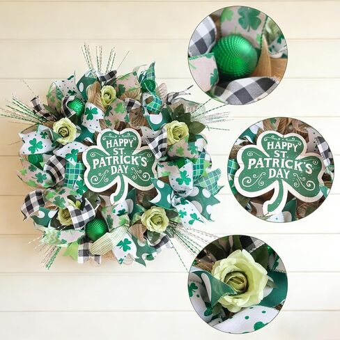 22" St Patrick's Day Wreath for Front Door - Shamrock Mesh Wreath with Green Glitter Hats, Shiny Balls & Roses, Lucky St Patty's Day Door Decoration, Irish Clover Wreath for March Home Decor in Saudi Arabia