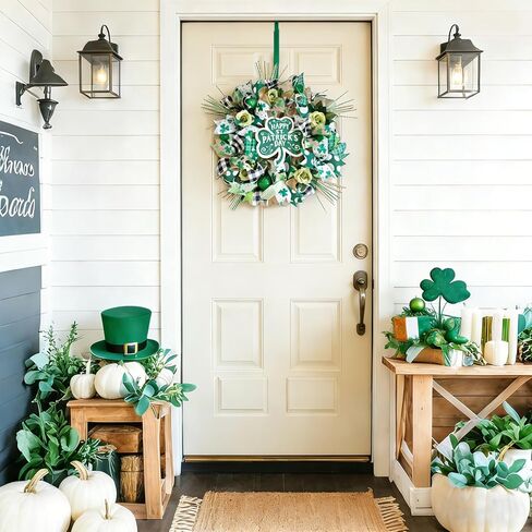 22" St Patrick's Day Wreath for Front Door - Shamrock Mesh Wreath with Green Glitter Hats, Shiny Balls & Roses, Lucky St Patty's Day Door Decoration, Irish Clover Wreath for March Home Decor in Saudi Arabia