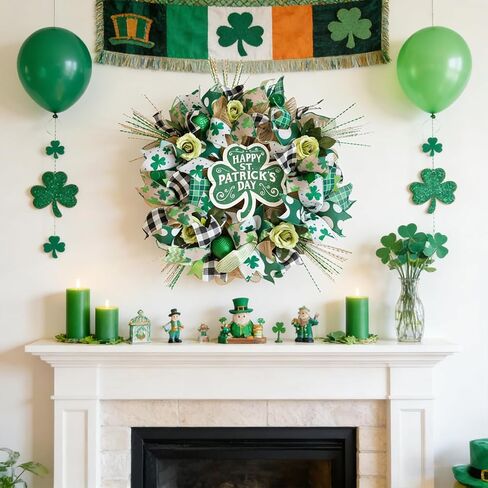 22" St Patrick's Day Wreath for Front Door - Shamrock Mesh Wreath with Green Glitter Hats, Shiny Balls & Roses, Lucky St Patty's Day Door Decoration, Irish Clover Wreath for March Home Decor in Saudi Arabia