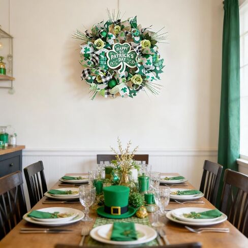 22" St Patrick's Day Wreath for Front Door - Shamrock Mesh Wreath with Green Glitter Hats, Shiny Balls & Roses, Lucky St Patty's Day Door Decoration, Irish Clover Wreath for March Home Decor in Saudi Arabia