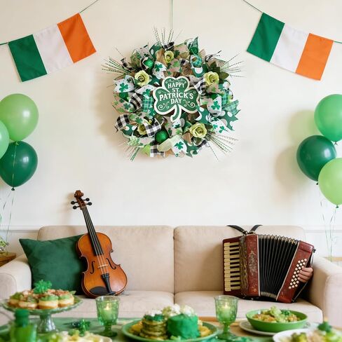 22" St Patrick's Day Wreath for Front Door - Shamrock Mesh Wreath with Green Glitter Hats, Shiny Balls & Roses, Lucky St Patty's Day Door Decoration, Irish Clover Wreath for March Home Decor in Saudi Arabia