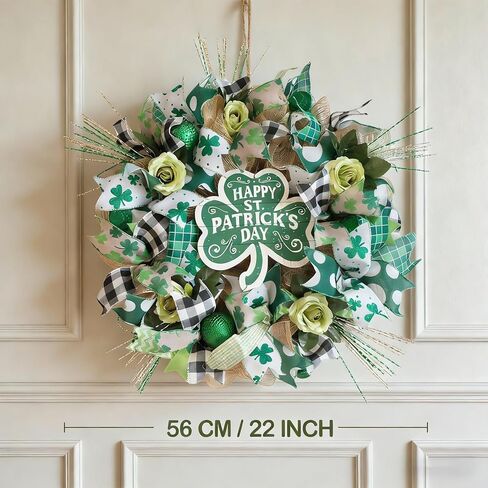 22" St Patrick's Day Wreath for Front Door - Shamrock Mesh Wreath with Green Glitter Hats, Shiny Balls & Roses, Lucky St Patty's Day Door Decoration, Irish Clover Wreath for March Home Decor in Saudi Arabia