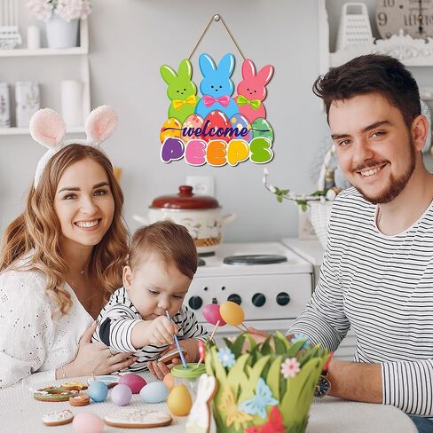 أكاليل عيد الفصح للباب الأمامي، علامة زينة باب عيد الفصح، علامة باب ترحيب باللمحات، ديكور بيض خشبي، شماعة باب عيد الفصح، إكليل أرنب عيد الفصح لنافذة الحائط المنزلية ديكور عيد الفصح الداخلي والخارجي in Kuwait