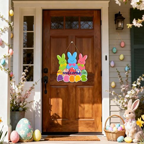 أكاليل عيد الفصح للباب الأمامي، علامة زينة باب عيد الفصح، علامة باب ترحيب باللمحات، ديكور بيض خشبي، شماعة باب عيد الفصح، إكليل أرنب عيد الفصح لنافذة الحائط المنزلية ديكور عيد الفصح الداخلي والخارجي in Kuwait