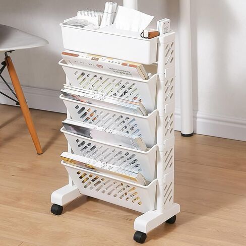 Mobile Bookshelf,5-Tier Rolling Book Shelf Cart with Wheels - Mobile Storage Rack for Home, Office & Library - Versatile 5-6 Level Bookshelf for Living Room, Kitchen, School & Study in Saudi Arabia