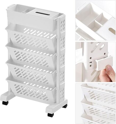 Mobile Bookshelf,5-Tier Rolling Book Shelf Cart with Wheels - Mobile Storage Rack for Home, Office & Library - Versatile 5-6 Level Bookshelf for Living Room, Kitchen, School & Study in Saudi Arabia