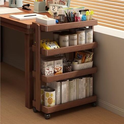 Natural Solid Wood 4-Tier Rolling Snack Cart with Wheels, Versatile Floor-Standing Trolley & Stora Rack for Living Rooms & Bedrooms, 60cm/23.6in, Stylish and Functal Home nizer in Saudi Arabia
