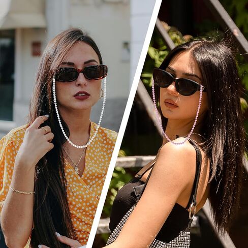 سلسلة نظارات فين بيوتي 3 قطع، سلسلة نظارات لؤلؤية، حزام حامل نظارات شمسية مطرز بالخرز، قلادات حامل زجاج العين، سلسلة أقنعة اللؤلؤ للنساء (أبيض ووردي) in Saudi Arabia