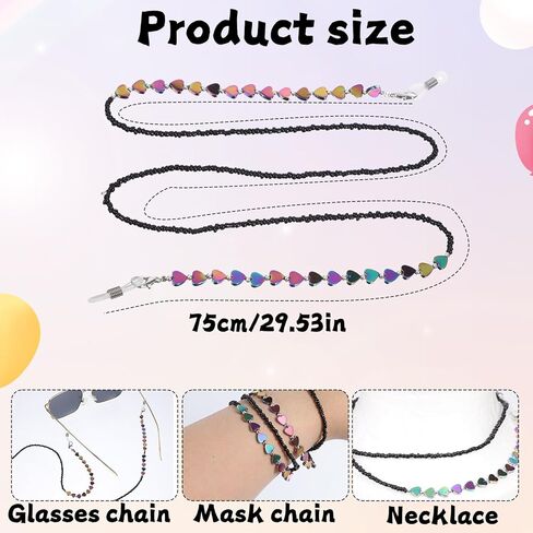 Heart Beaded Glasses Strap, Heart-Shaped Shungite Glasses Chain for Women, Multicolor Heart Beaded Eyeglass Holders Around Neck for Women Men Sunglasses in Saudi Arabia